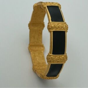 Vintage AK Anne Klein bracelet black enamel shiny gold tone bangle 80s 90s